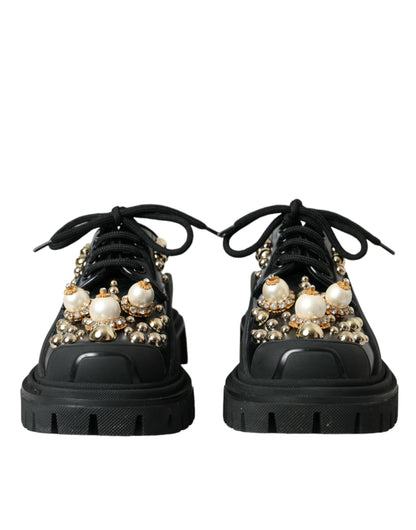 Dolce &amp; Gabbana Black Leather Trekking Derby Embellished Shoes