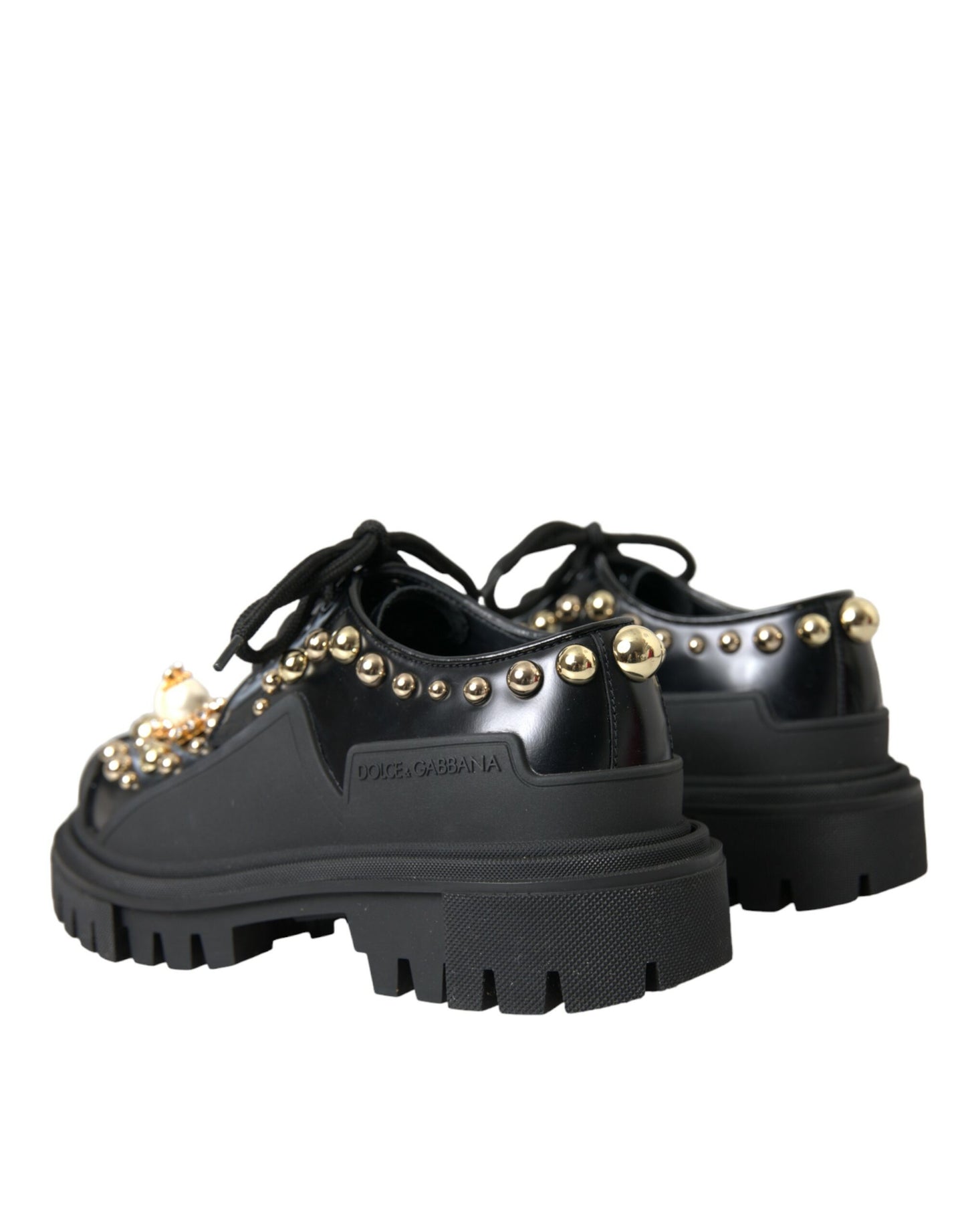 Dolce &amp; Gabbana Black Leather Trekking Derby Embellished Shoes