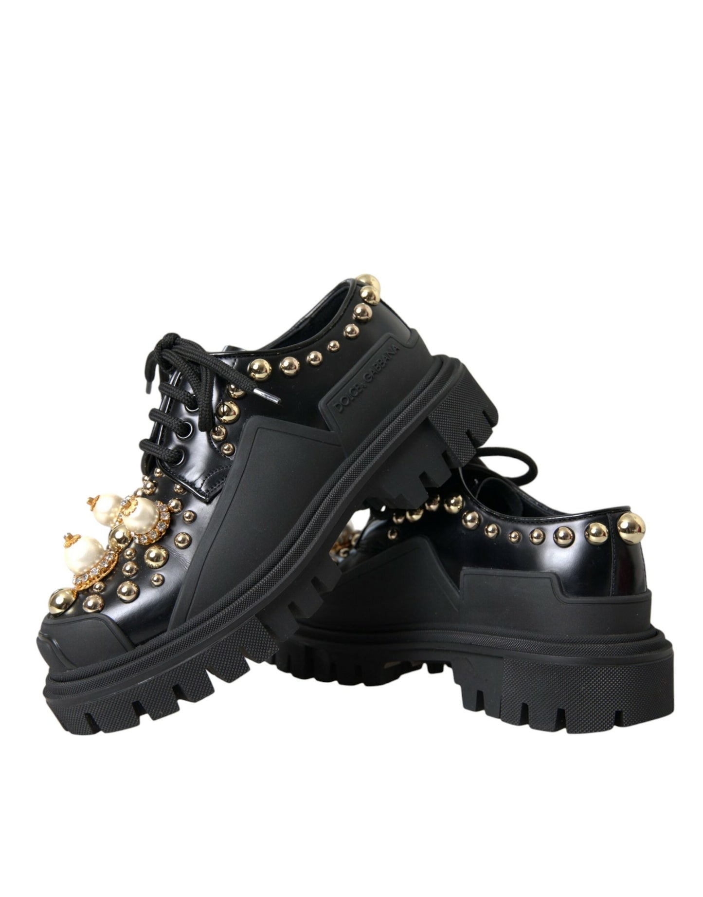 Dolce &amp; Gabbana Black Leather Trekking Derby Embellished Shoes