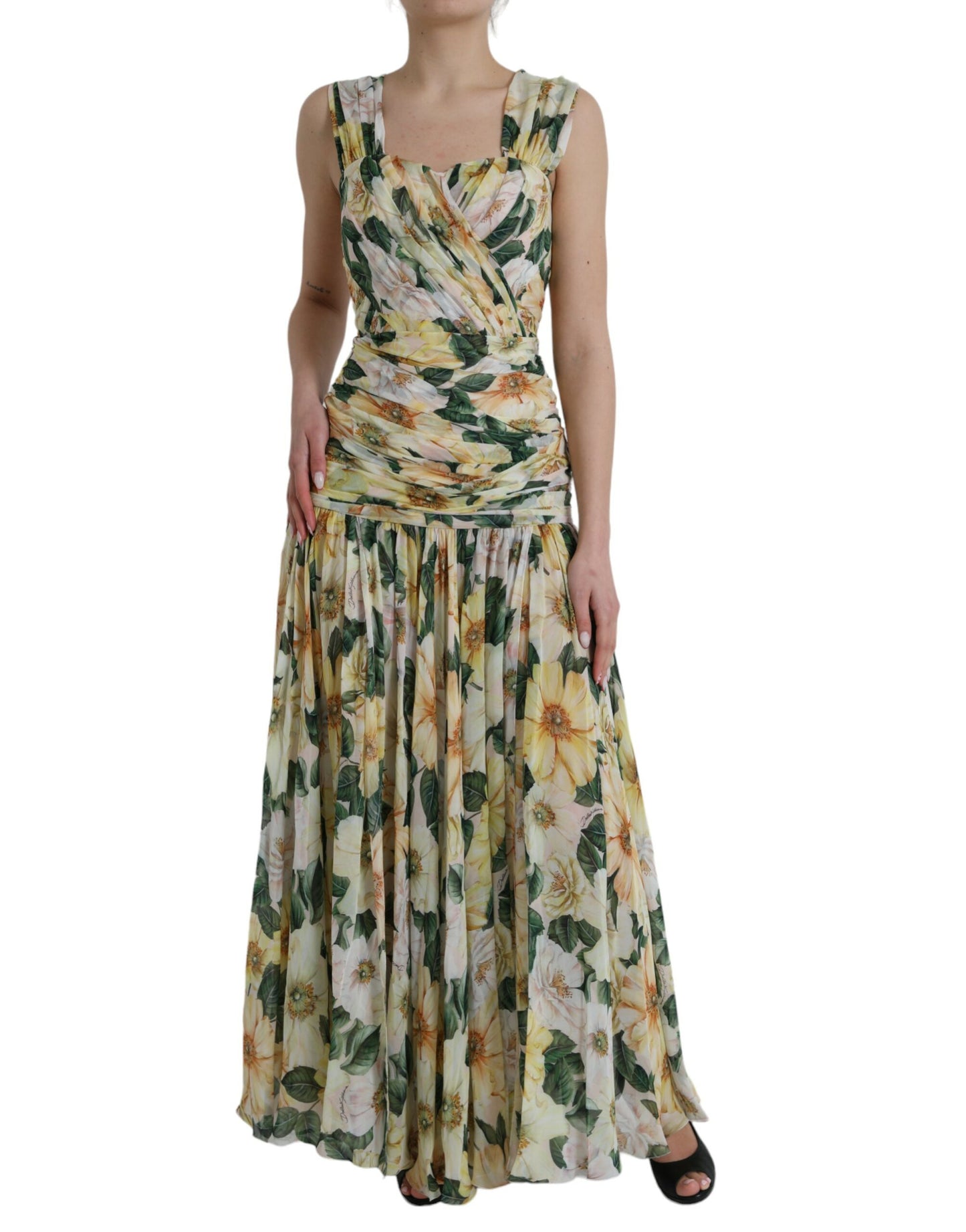 Dolce & Gabbana Yellow Floral Print Silk Pleated Maxi Dress