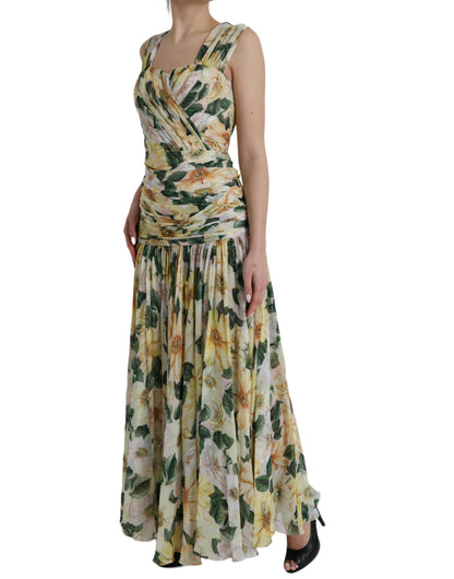 Dolce &amp; Gabbana Yellow Floral Print Silk Pleated Maxi Dress