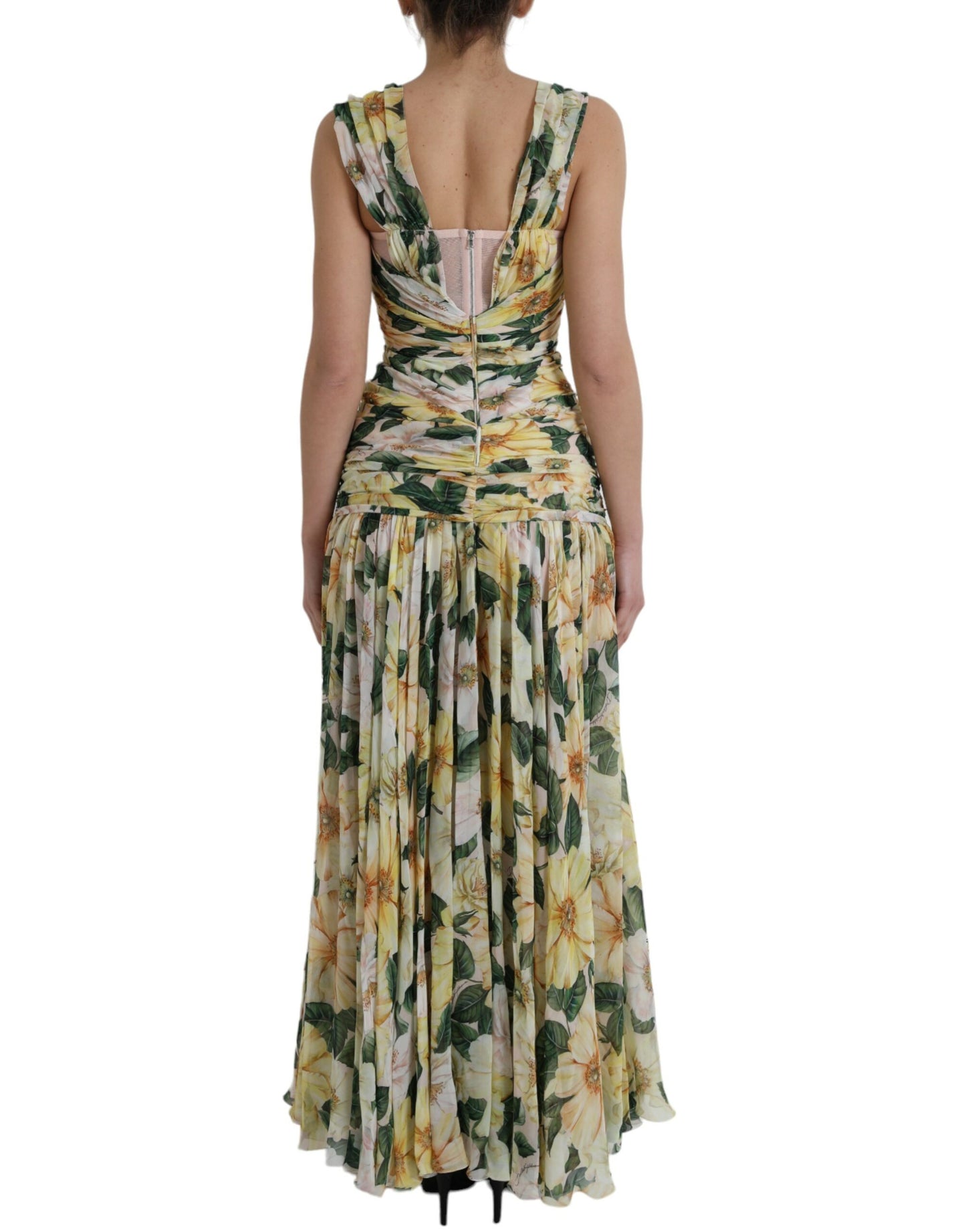 Dolce &amp; Gabbana Yellow Floral Print Silk Pleated Maxi Dress