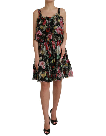 Dolce &amp; Gabbana Black Floral Silk A-line Sleeveless Dress