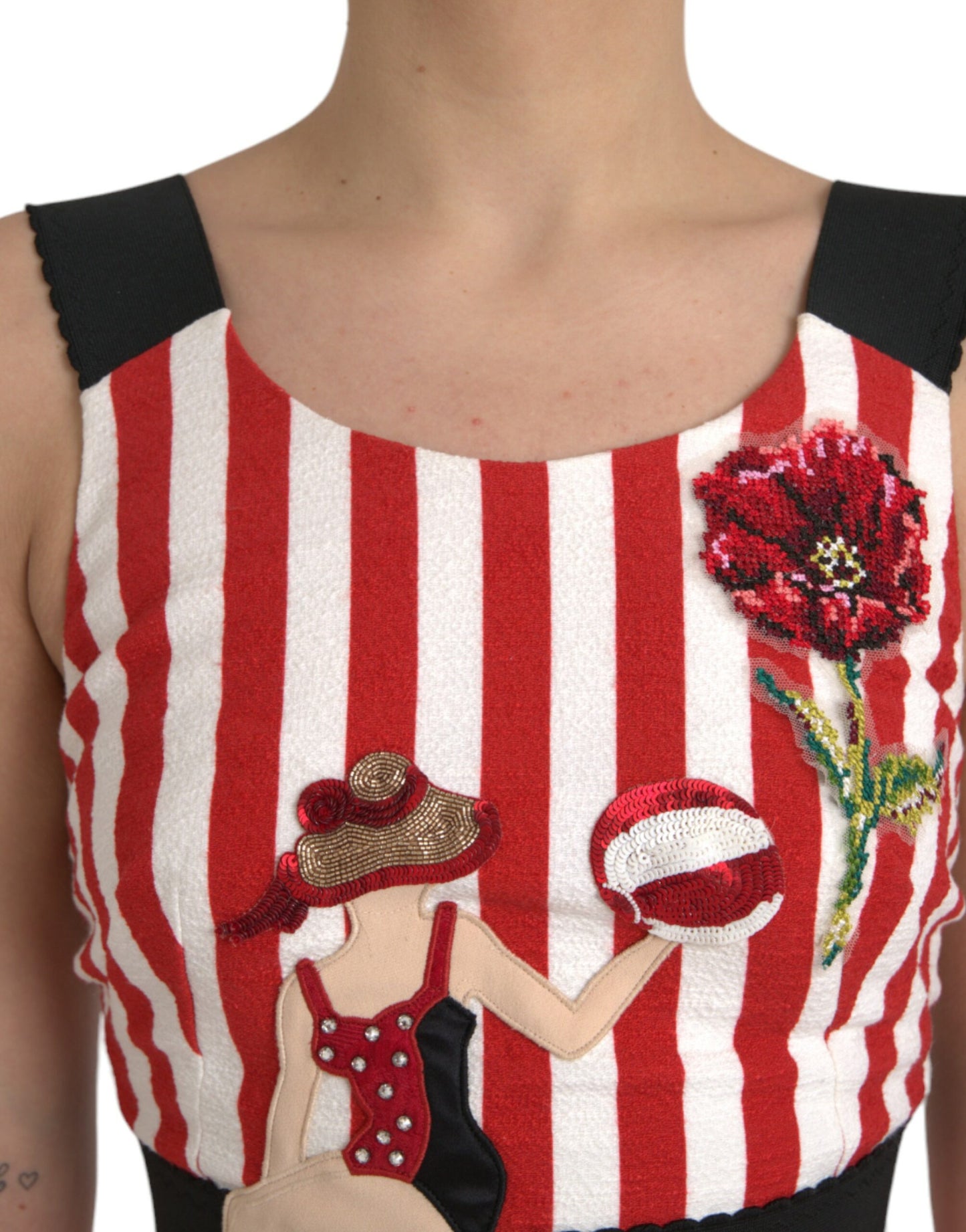 Dolce &amp; Gabbana Red White Floral Sleeveless Sheath Midi Dress