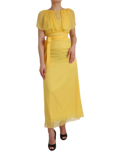 Dolce &amp; Gabbana Yellow Silk Sheath Belted Long Maxi Dress