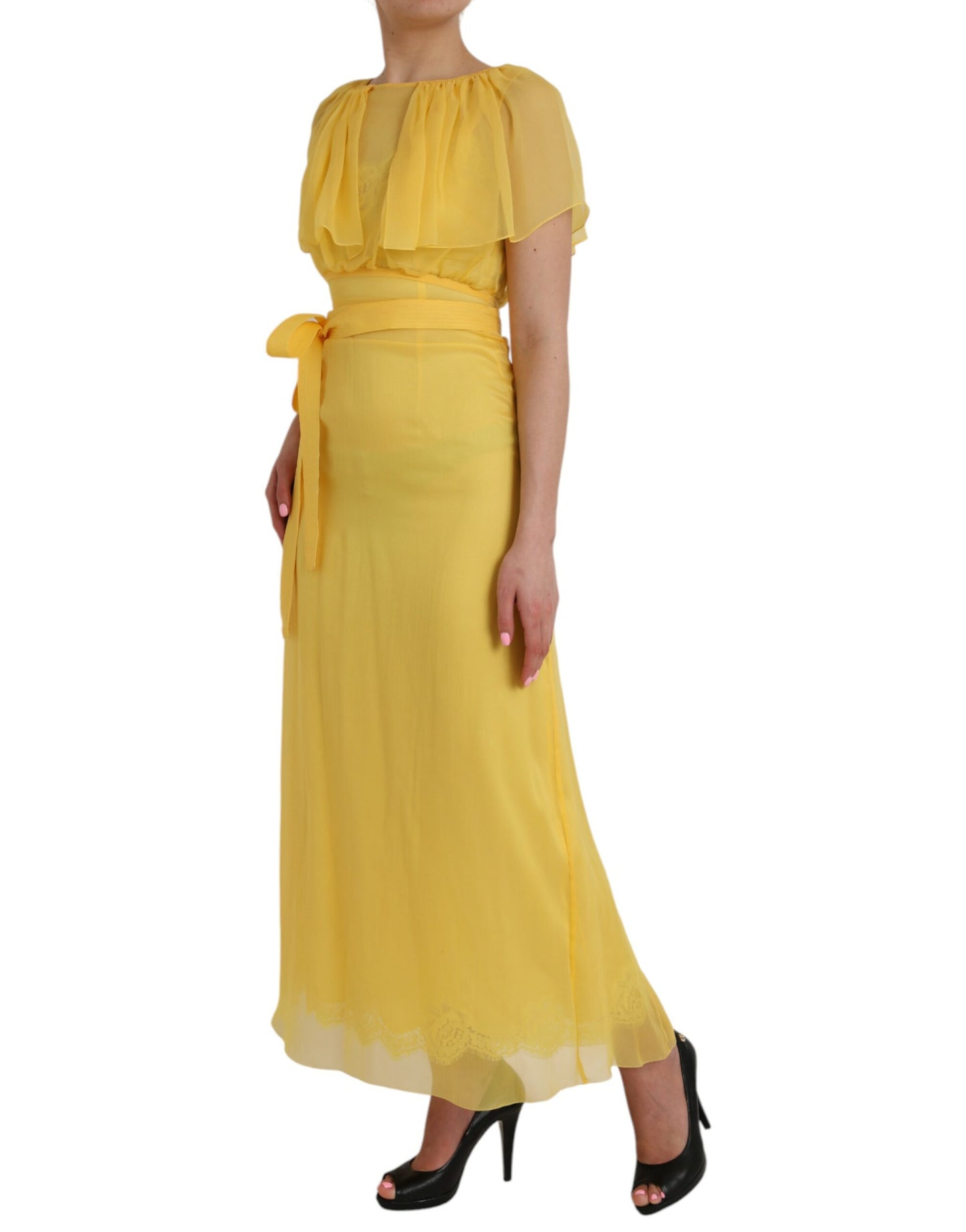 Dolce &amp; Gabbana Yellow Silk Sheath Belted Long Maxi Dress