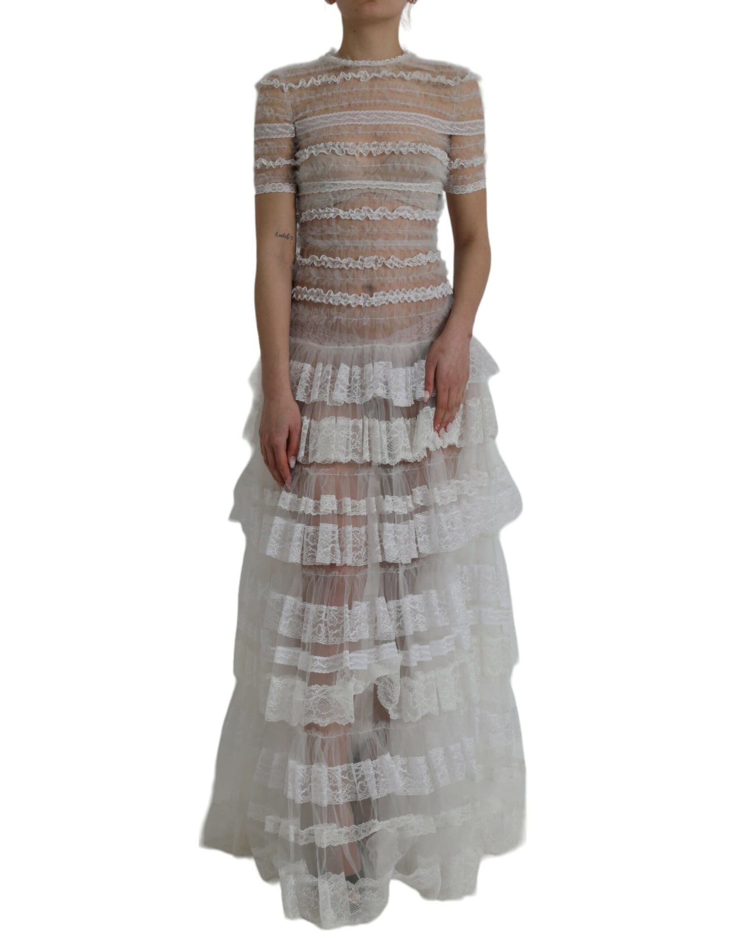 Dolce &amp; Gabbana White Nylon Sheer Tiered Lace Maxi Dress