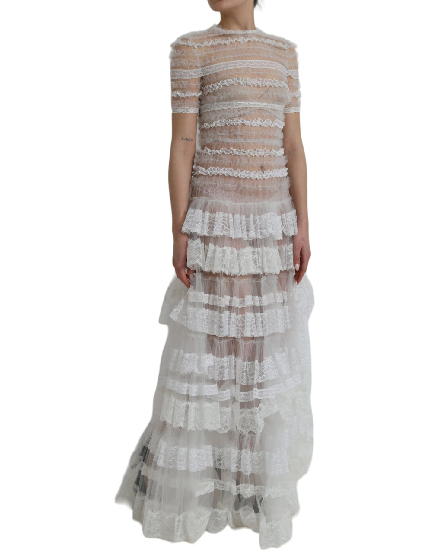 Dolce &amp; Gabbana White Nylon Sheer Tiered Lace Maxi Dress