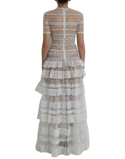 Dolce &amp; Gabbana White Nylon Sheer Tiered Lace Maxi Dress