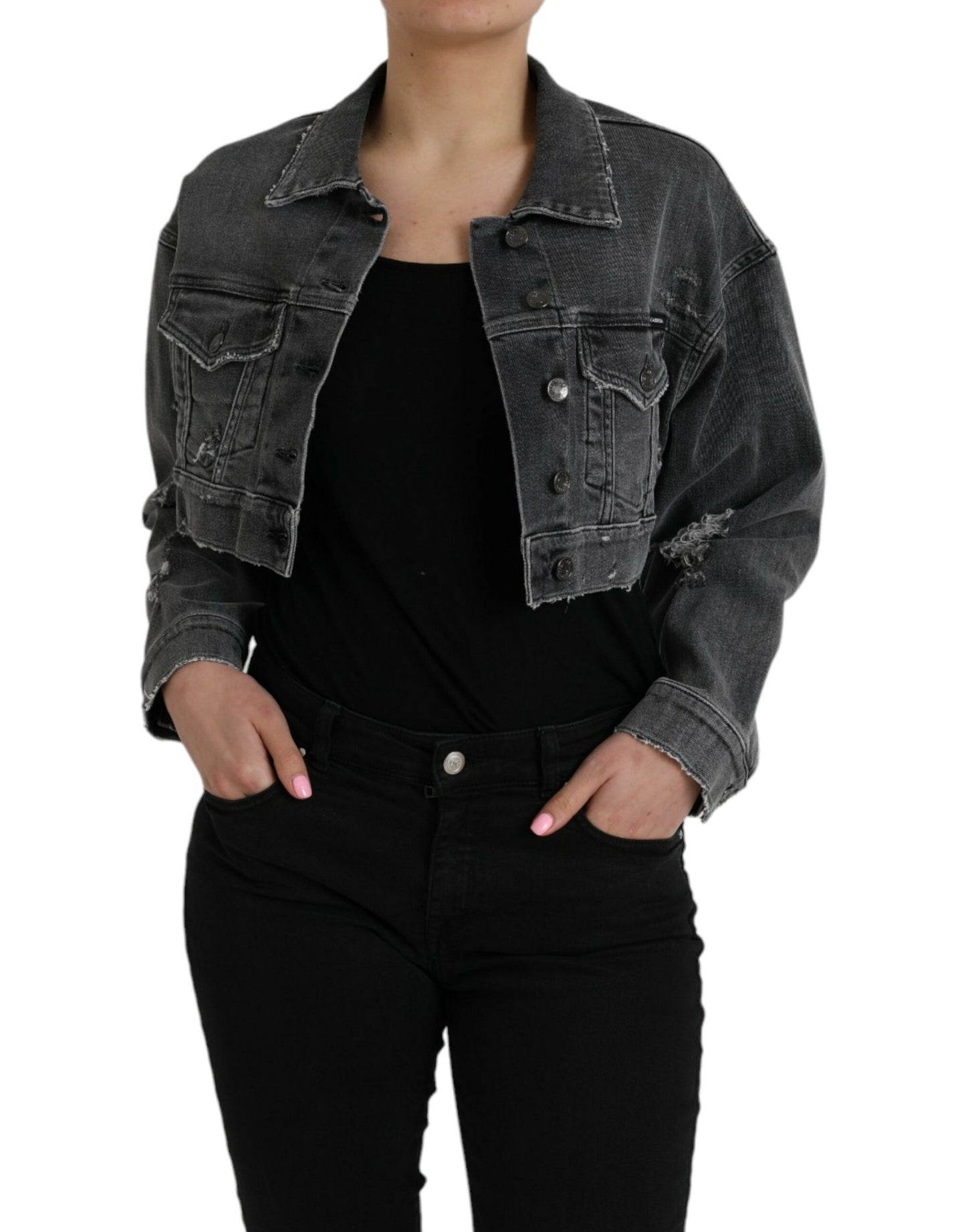 Dolce &amp; Gabbana Dark Gray Cotton Stretch Cropped Denim Jacket