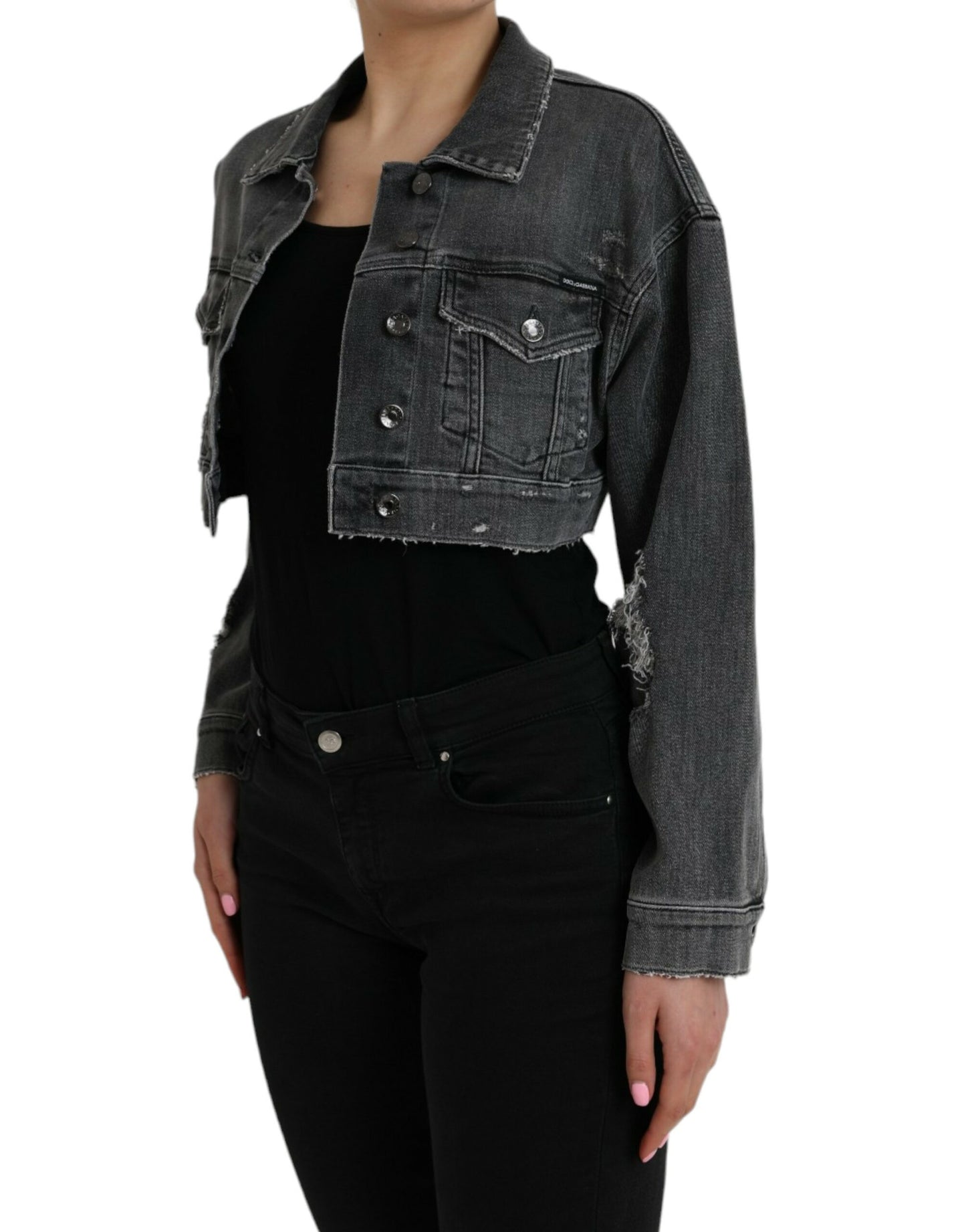 Dolce &amp; Gabbana Dark Gray Cotton Stretch Cropped Denim Jacket