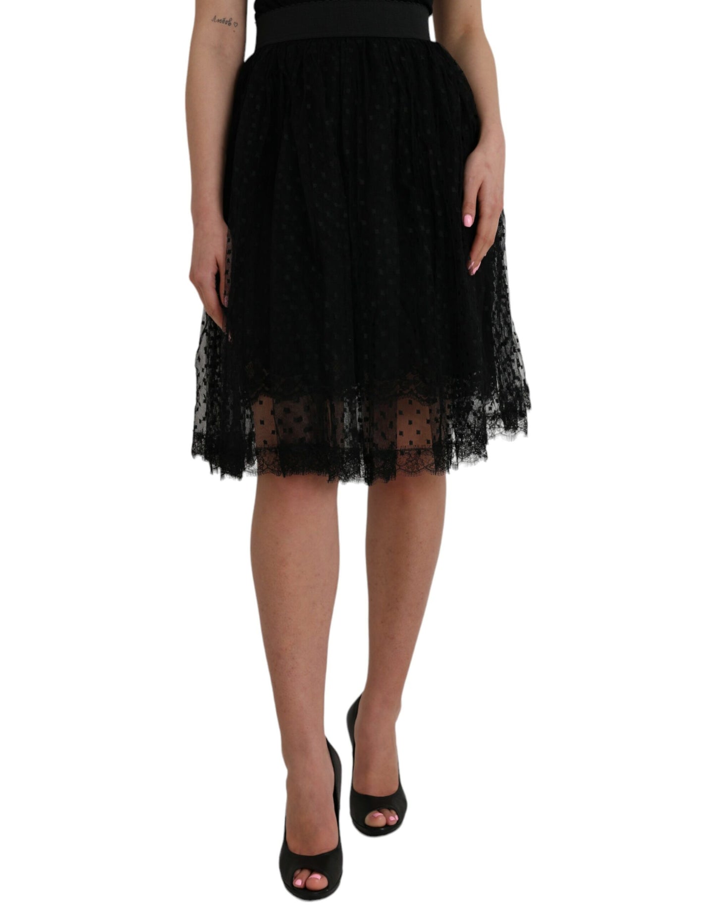 Dolce &amp; Gabbana Black Nylon Lace Trim High Waist A-line Skirt