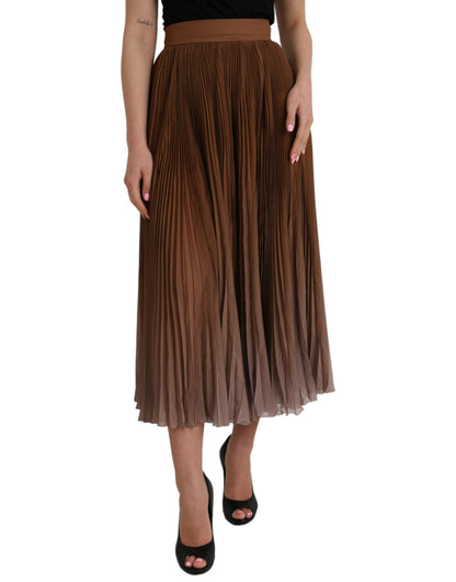 Dolce &amp; Gabbana Brown Polyester Pleated High Waist Midi Skirt