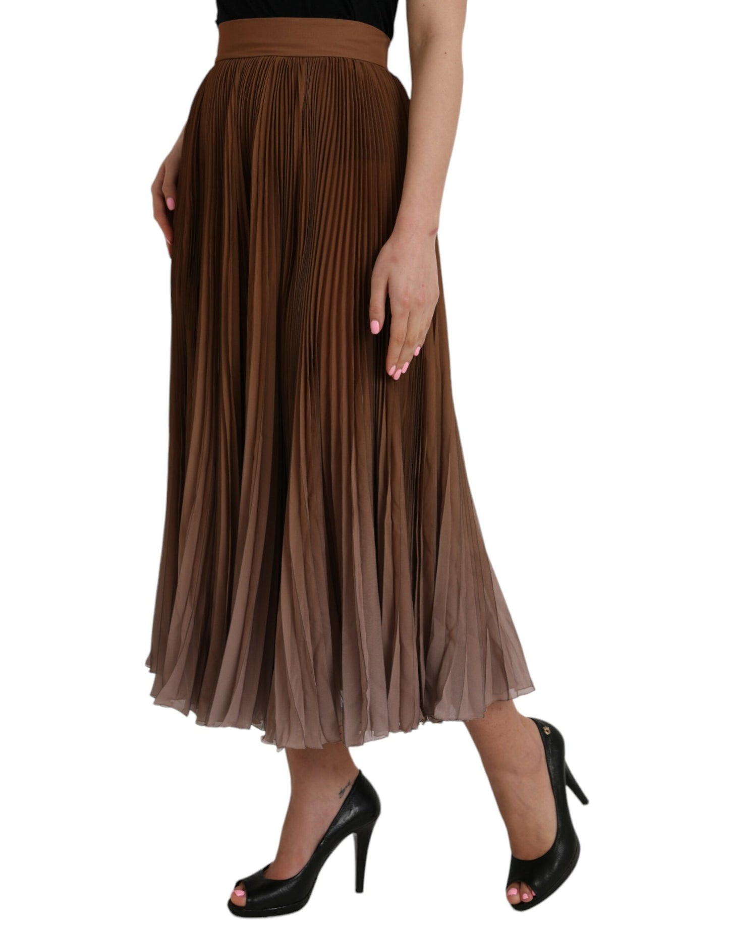 Dolce &amp; Gabbana Brown Polyester Pleated High Waist Midi Skirt