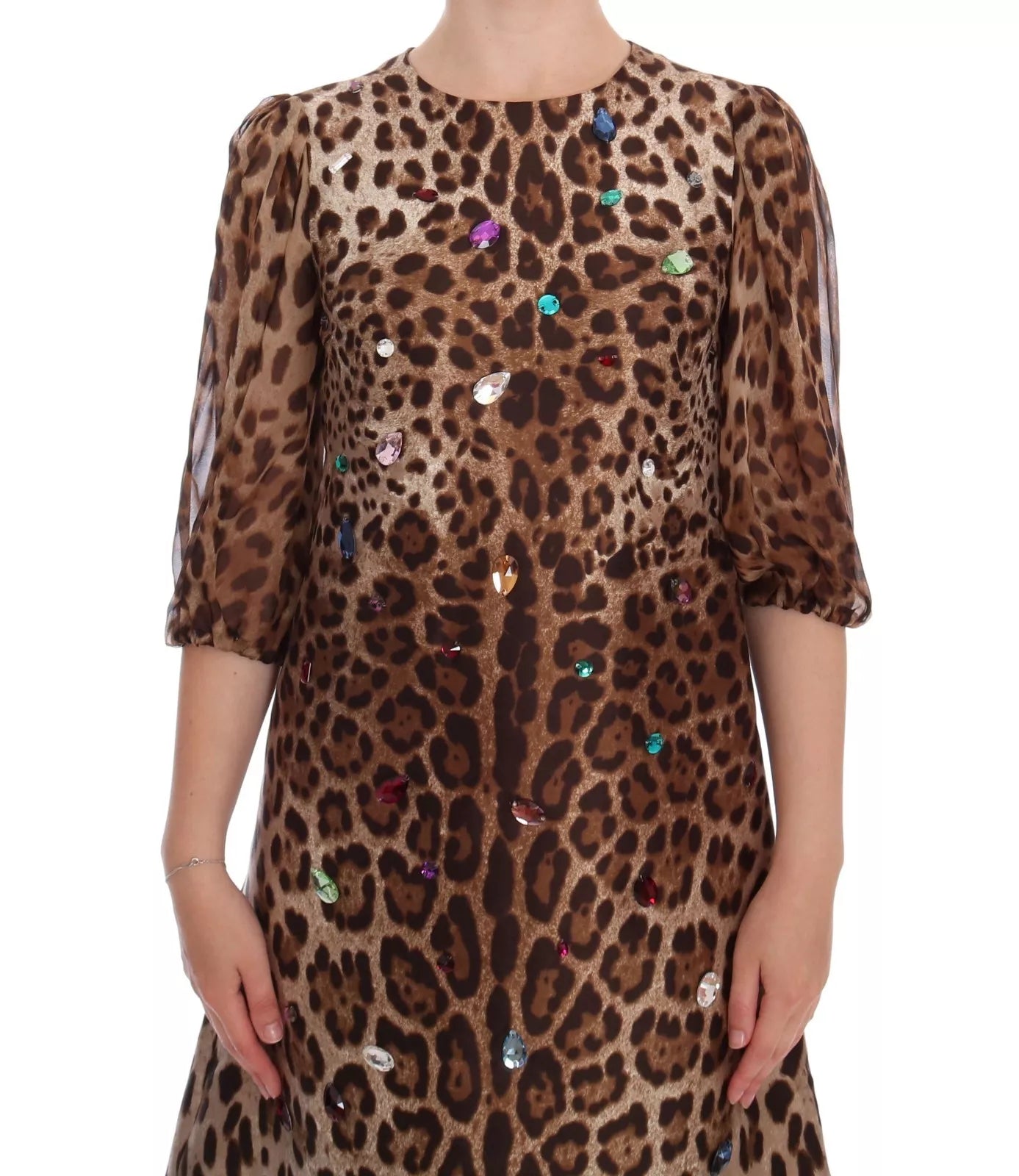 Dolce &amp; Gabbana Leopard Silk Wool Crystal Shift Dress