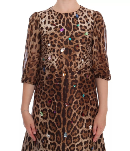 Dolce &amp; Gabbana Leopard Silk Wool Crystal Shift Dress