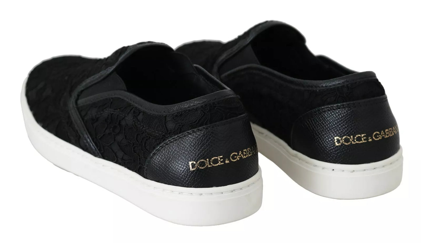 Dolce &amp; Gabbana Black Lace Leather Logo Flat Slip-On Sneakers