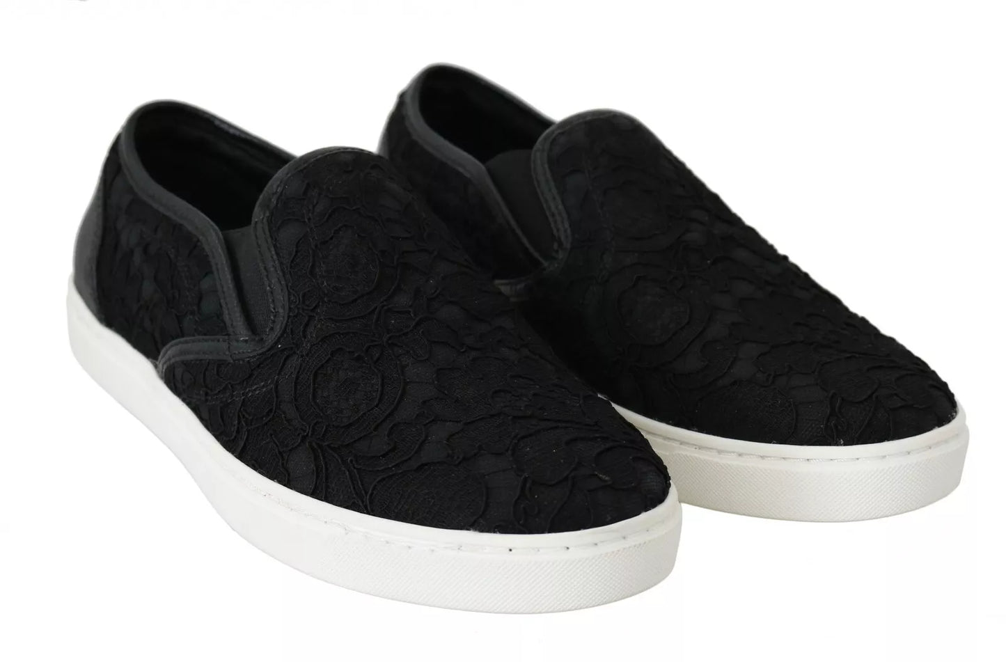 Dolce &amp; Gabbana Black Lace Leather Logo Flat Slip-On Sneakers