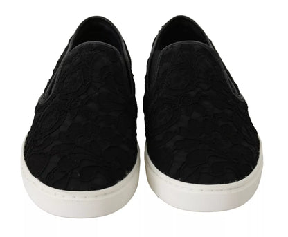 Dolce &amp; Gabbana Black Lace Leather Logo Flat Slip-On Sneakers