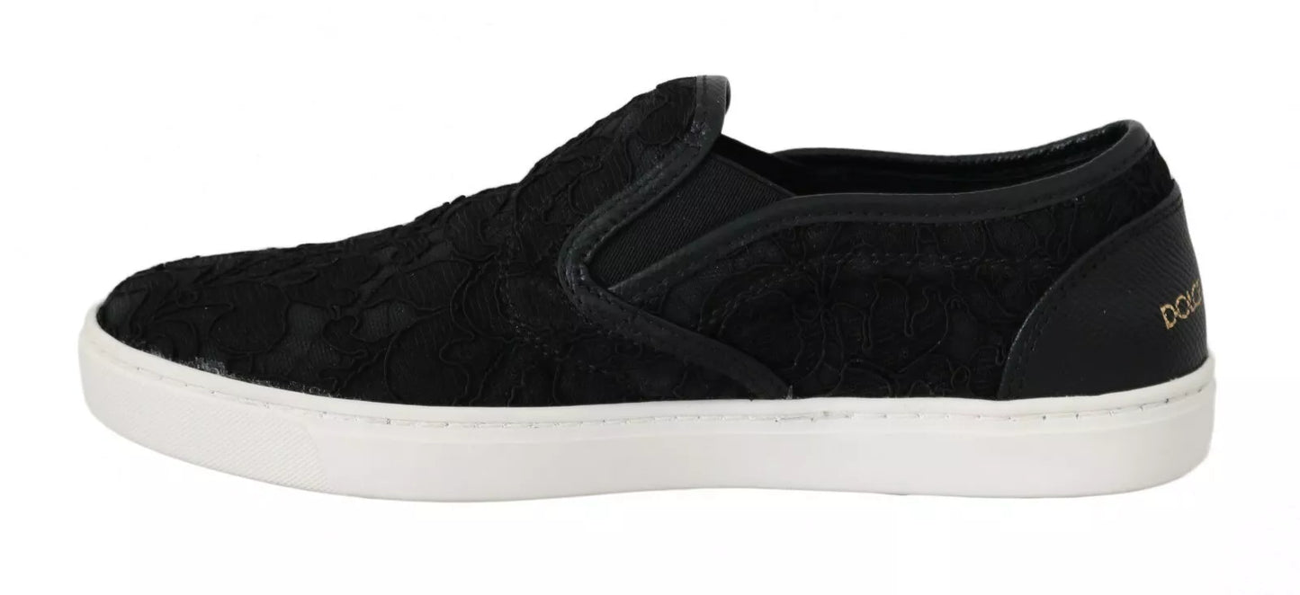 Dolce &amp; Gabbana Black Lace Leather Logo Flat Slip-On Sneakers