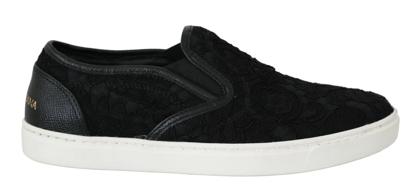 Dolce &amp; Gabbana Black Lace Leather Logo Flat Slip-On Sneakers