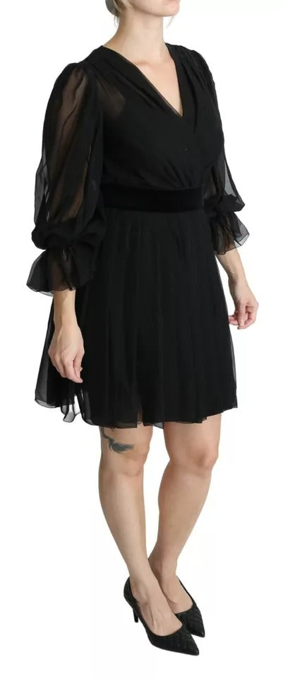 Dolce &amp; Gabbana Black Mesh Pleated Mini Silk Blend Dress