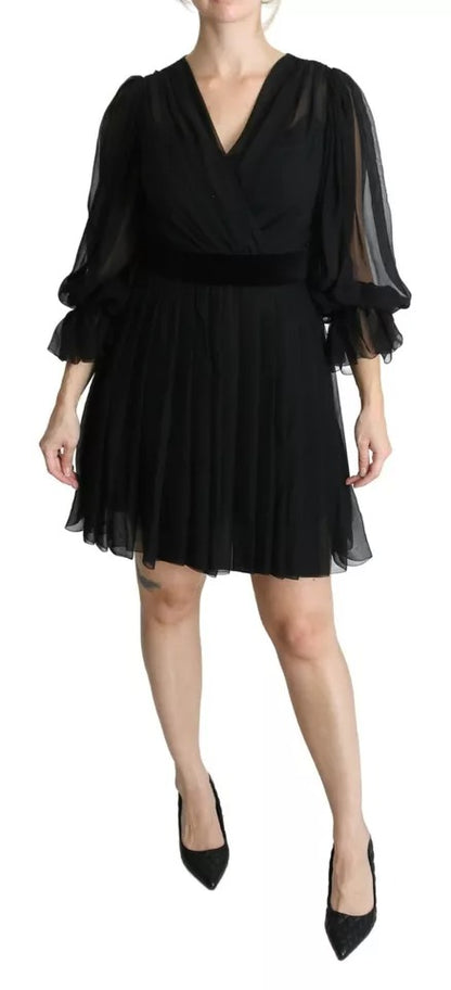 Dolce &amp; Gabbana Black Mesh Pleated Mini Silk Blend Dress