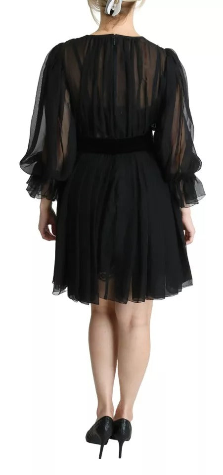 Dolce &amp; Gabbana Black Mesh Pleated Mini Silk Blend Dress