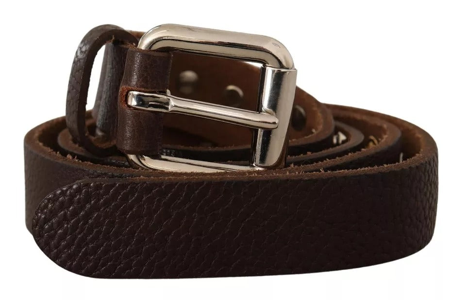 Dolce &amp; Gabbana Brown Leather Studded Silver Metal Buckle Belt