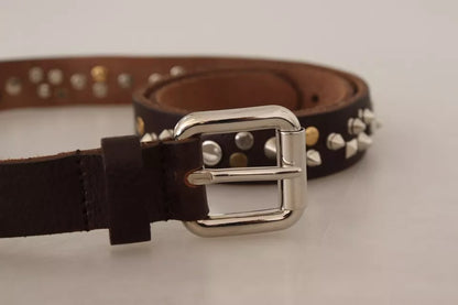 Dolce &amp; Gabbana Brown Leather Studded Silver Metal Buckle Belt