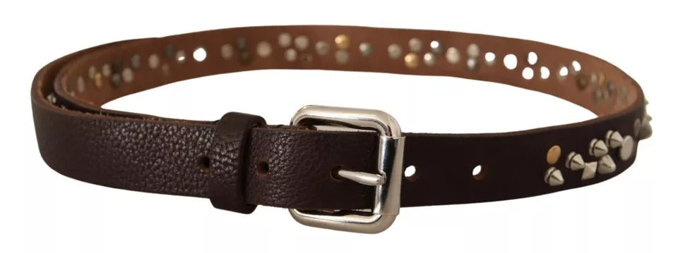 Dolce &amp; Gabbana Brown Leather Studded Silver Metal Buckle Belt