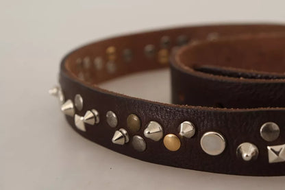 Dolce &amp; Gabbana Brown Leather Studded Silver Metal Buckle Belt