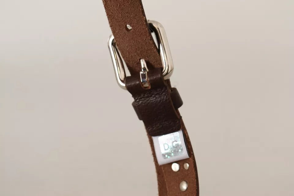 Dolce &amp; Gabbana Brown Leather Studded Silver Metal Buckle Belt