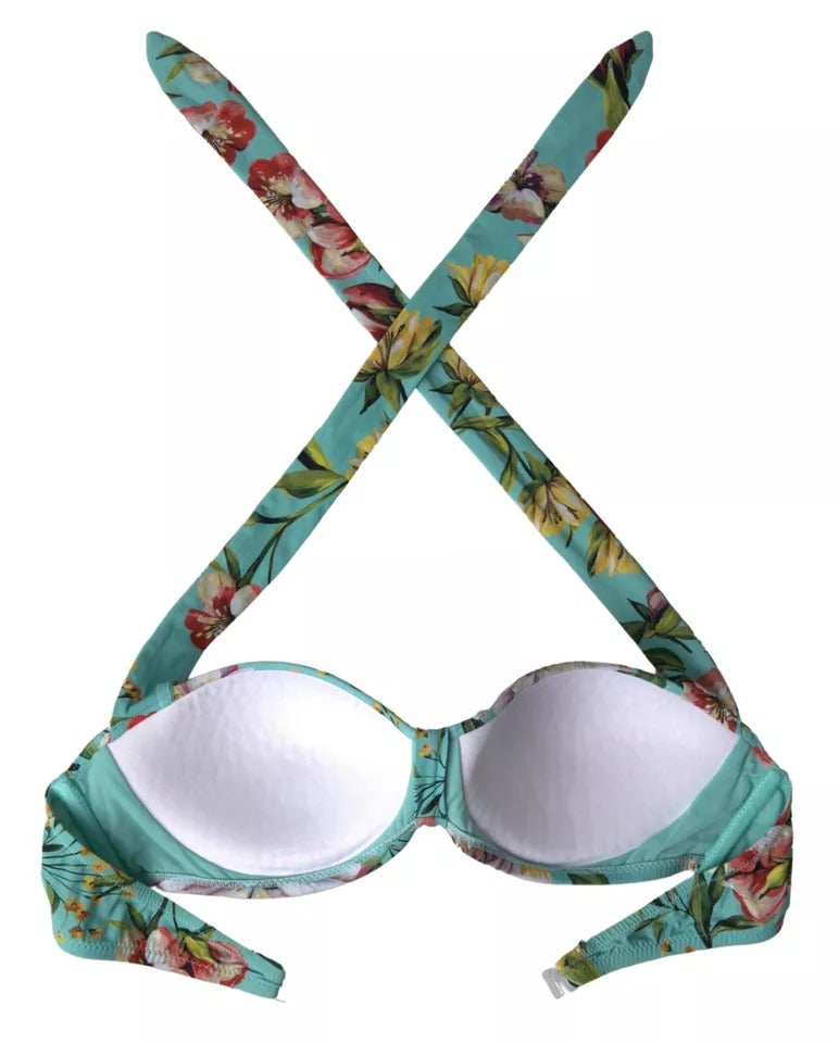 Dolce &amp; Gabbana Mint Green Floral Print Beachwear Bikini Top