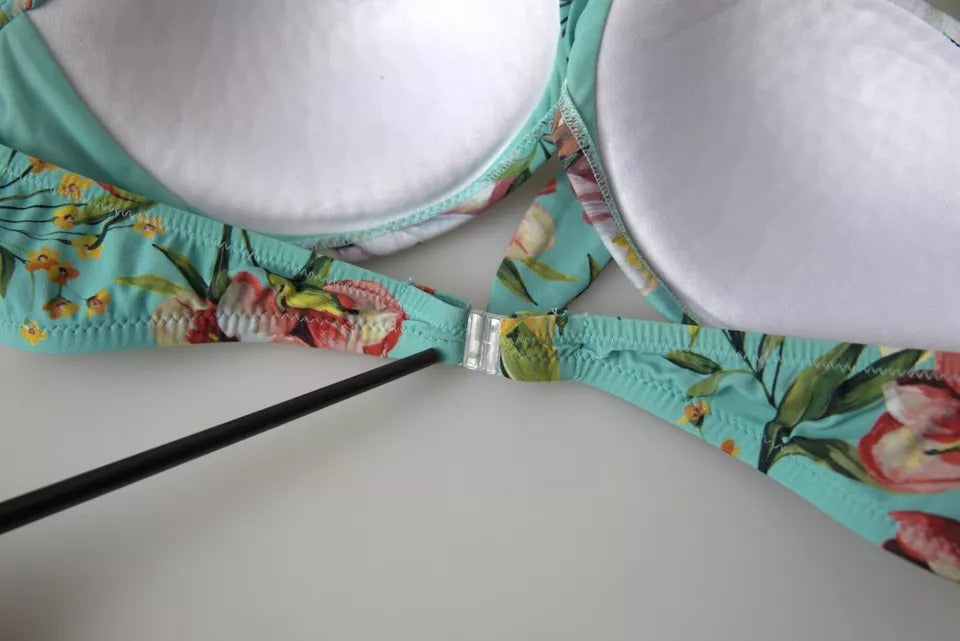 Dolce &amp; Gabbana Mint Green Floral Print Beachwear Bikini Top