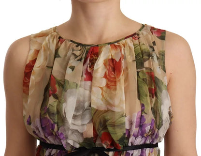 Dolce &amp; Gabbana Beige Floral Sleeveless Round Neck Mini Dress