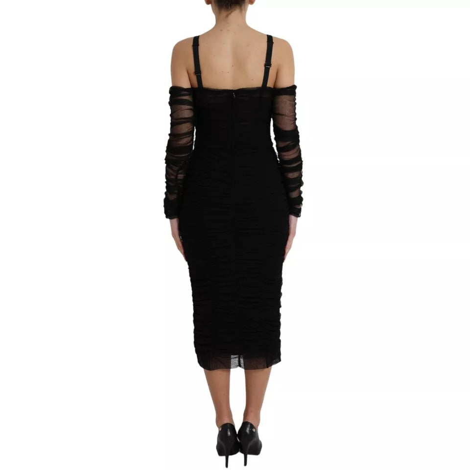 Dolce &amp; Gabbana Black Cold Shoulder Stretch Tulle Midi Dress