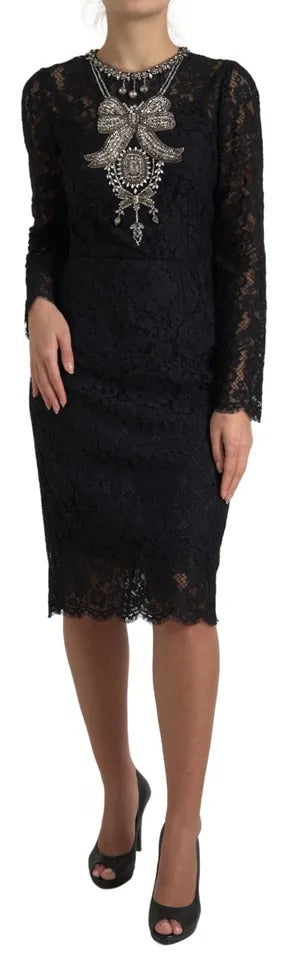 Dolce &amp; Gabbana Black Nylon Lace Embellished Sheath Dress