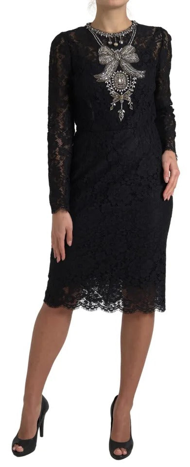 Dolce &amp; Gabbana Black Nylon Lace Embellished Sheath Dress