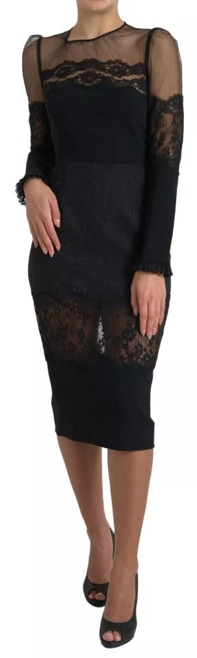 Dolce &amp; Gabbana Black Sheer Floral Lace Sheath Midi Dress