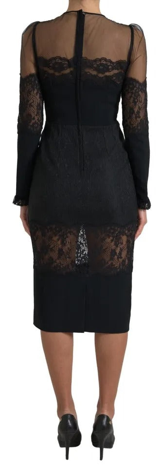 Dolce &amp; Gabbana Black Sheer Floral Lace Sheath Midi Dress