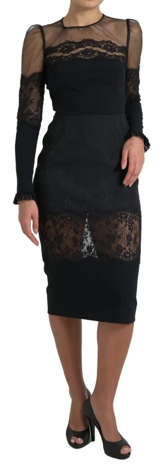 Dolce &amp; Gabbana Black Sheer Floral Lace Sheath Midi Dress