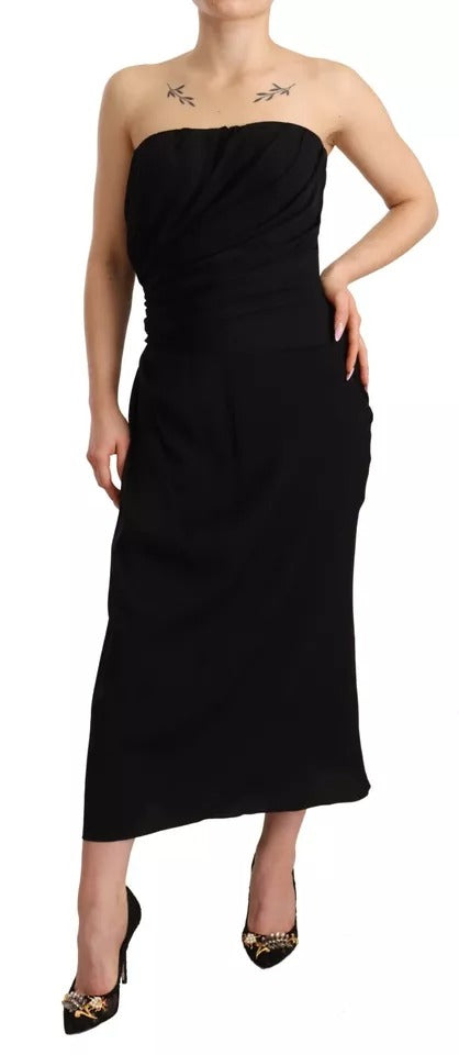 Dolce &amp; Gabbana Black Silk Stretch Strapless Sheath Midi Dress