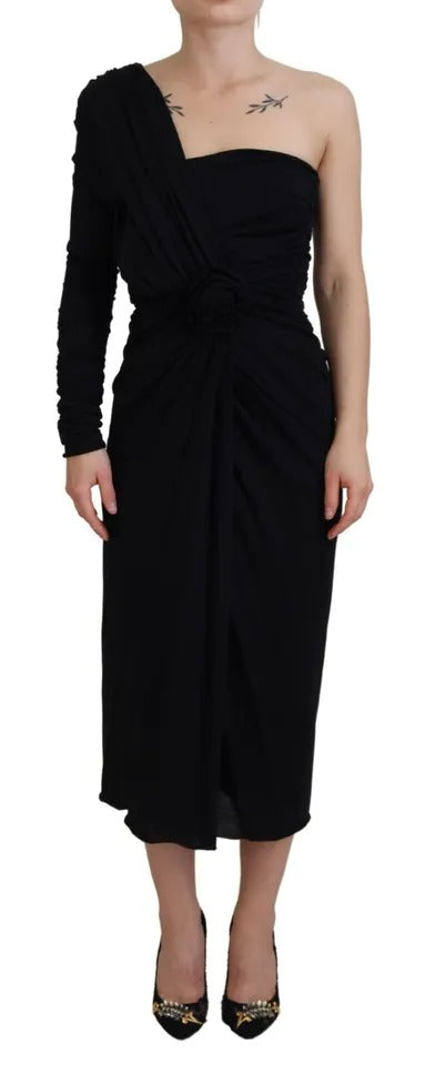 Dolce &amp; Gabbana Black Wrap Sheath One Shoulder Wool Dress