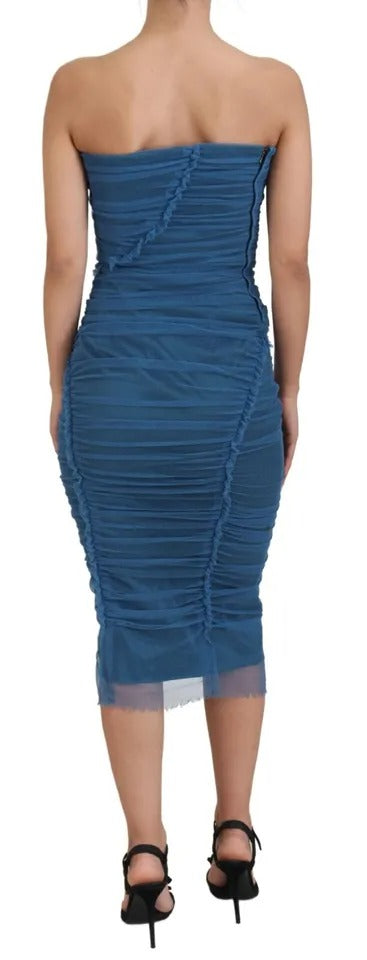 Dolce &amp; Gabbana Blue Mesh Trim Ruched Tulle Sheath Dress