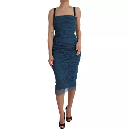 Dolce &amp; Gabbana Blue Mesh Trim Ruched Tulle Sheath Dress