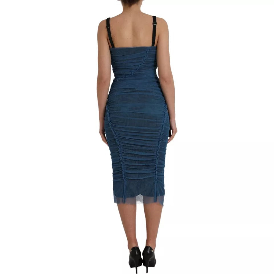 Dolce &amp; Gabbana Blue Mesh Trim Ruched Tulle Sheath Dress