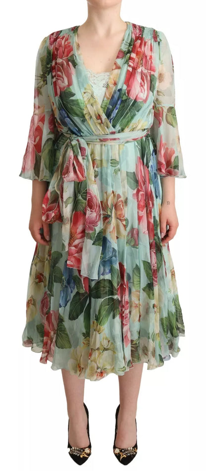 Dolce &amp; Gabbana Green Floral Long Sleeve V-neck Midi Dress