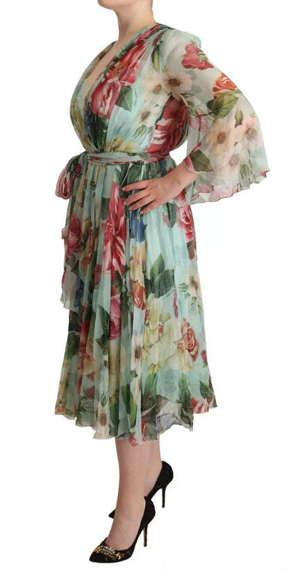 Dolce &amp; Gabbana Green Floral Long Sleeve V-neck Midi Dress