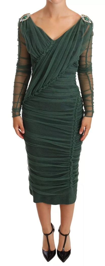 Dolce &amp; Gabbana Green Ruched Stretch Tulle Crystal Midi Dress